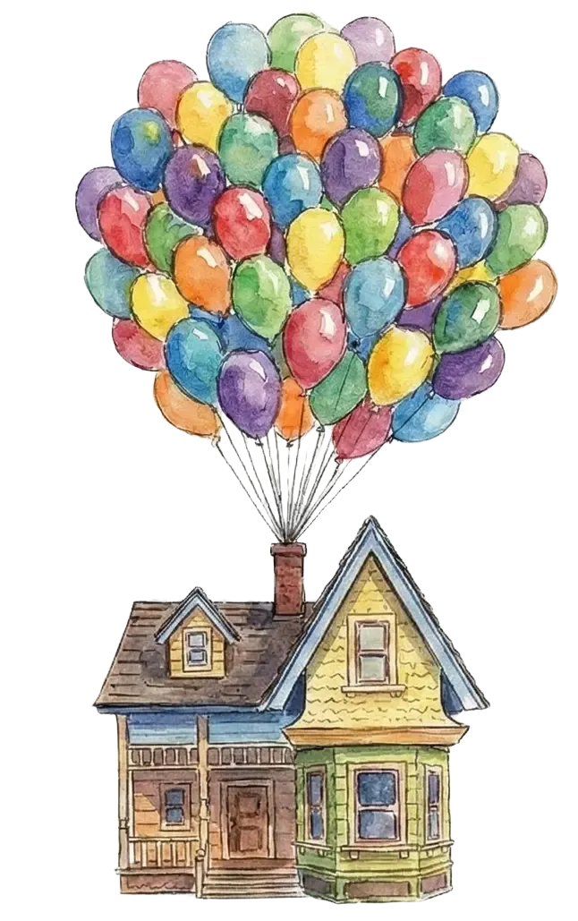 Casa de Up flotando con globos